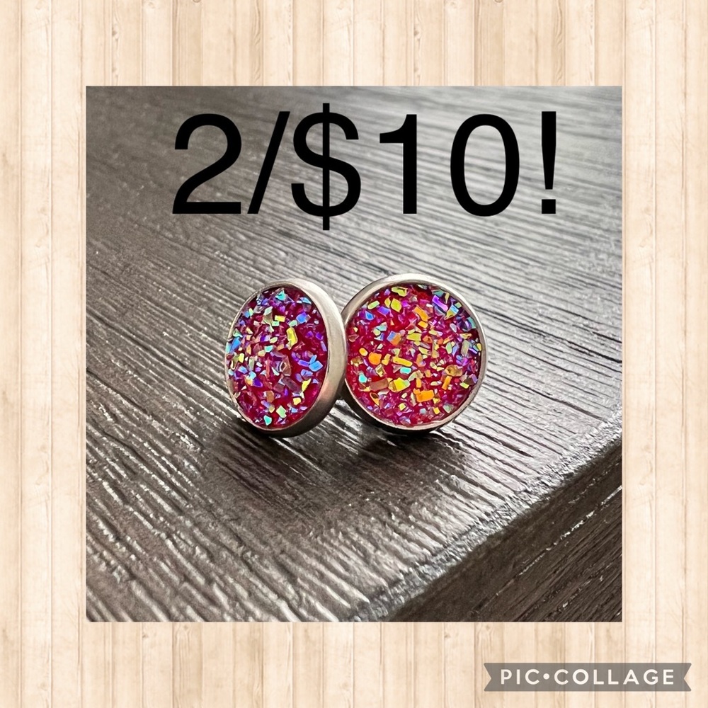 Faux Druzy stud earrings, pink confetti, 10mm, stainless steel back, BUNDLE/SAVE
